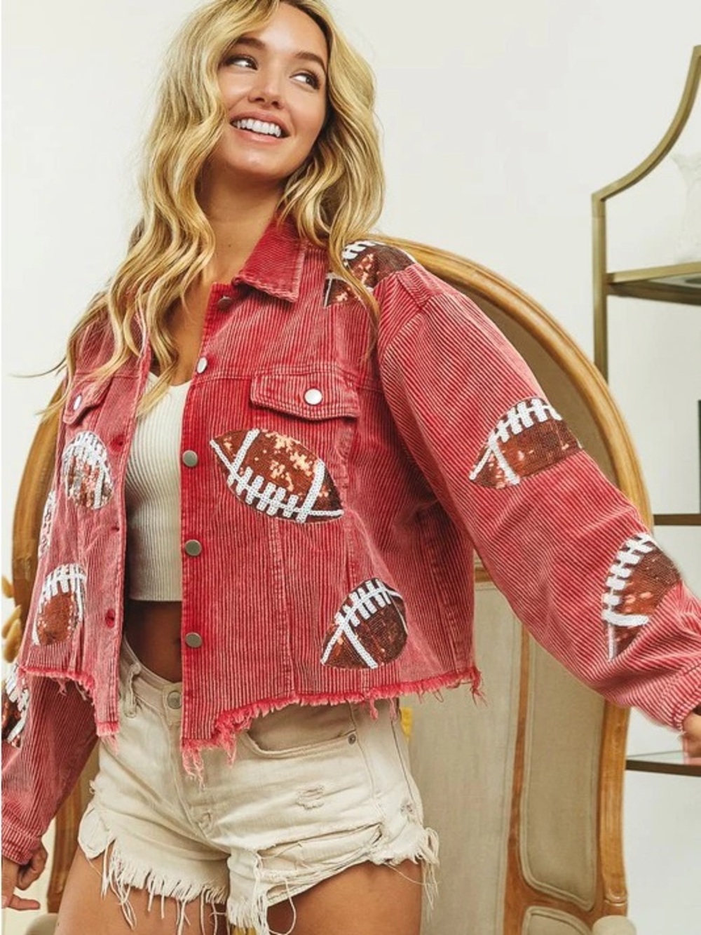 Corduroy sequin Football Print Jacket - Red L